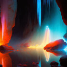 Ethereal figure in mystical cave with vibrant lighting and rocky terrain