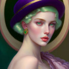 Stylized portrait of woman with green hair in purple attire against circular green and gold backdrop