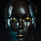 Vibrant surreal portrait of woman with glossy blue skin and gold makeup