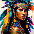 Vibrant Native American headdress portrait with intricate beading