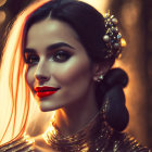 Portrait of woman with striking makeup, low bun, pearls, gold sequined outfit & warm backlight