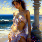 Woman in Flowing Garments by the Sea with Sunlight Filtering Through - Serene Expression and Jewelry