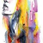 Colorful Watercolor Painting of Person with Feather Headdress