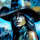 Vibrant blue tones in stylized painting of woman with wide-brimmed hat