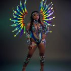 Woman in Peacock Feather Adornments and Golden Jewelry on Moody Background