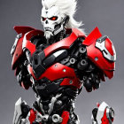 Detailed Red and Black Armored Robotic Character with White Hair