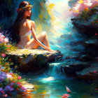 Woman sitting by serene waterfall with colorful flowers and clear blue water