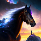 Majestic horses with flowing manes in cosmic setting