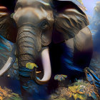 Vibrant digital art: Two patterned elephants on dark backdrop with iridescent bubbles