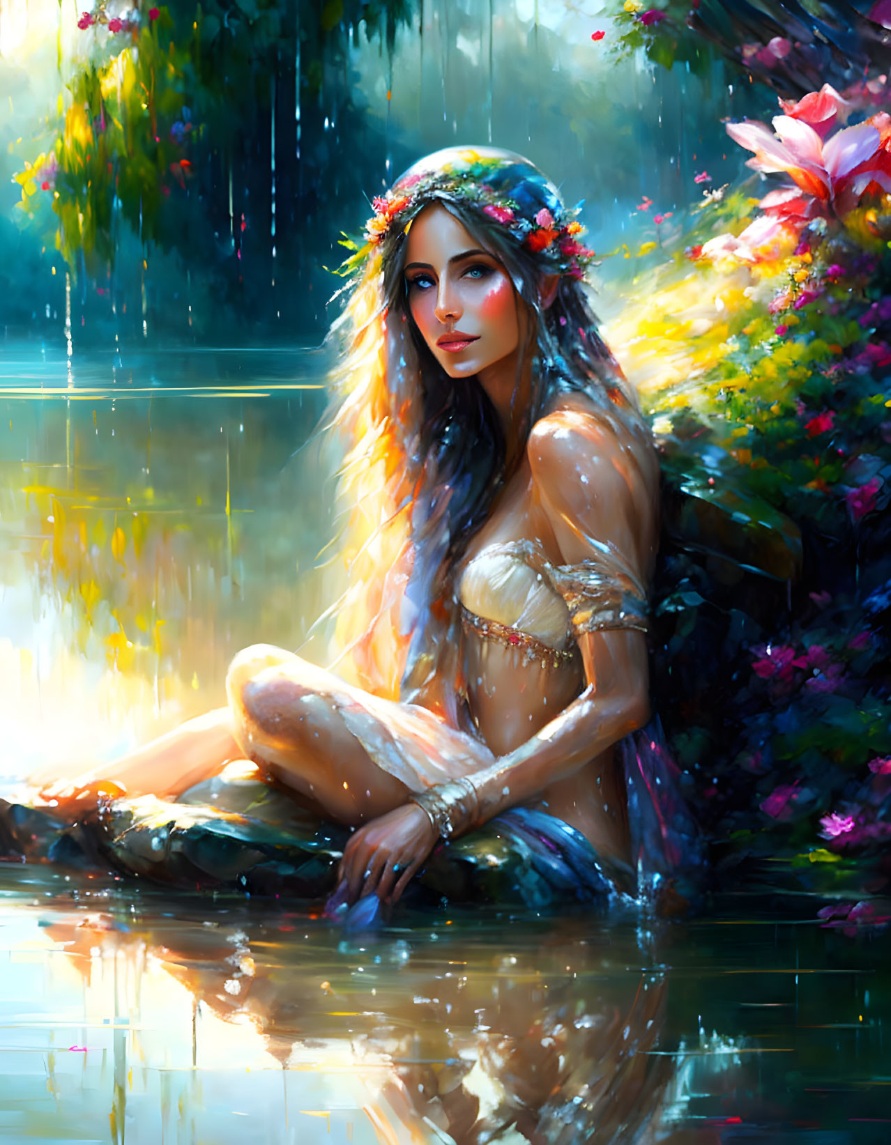 Mystical woman with floral crown in vibrant, enchanted setting