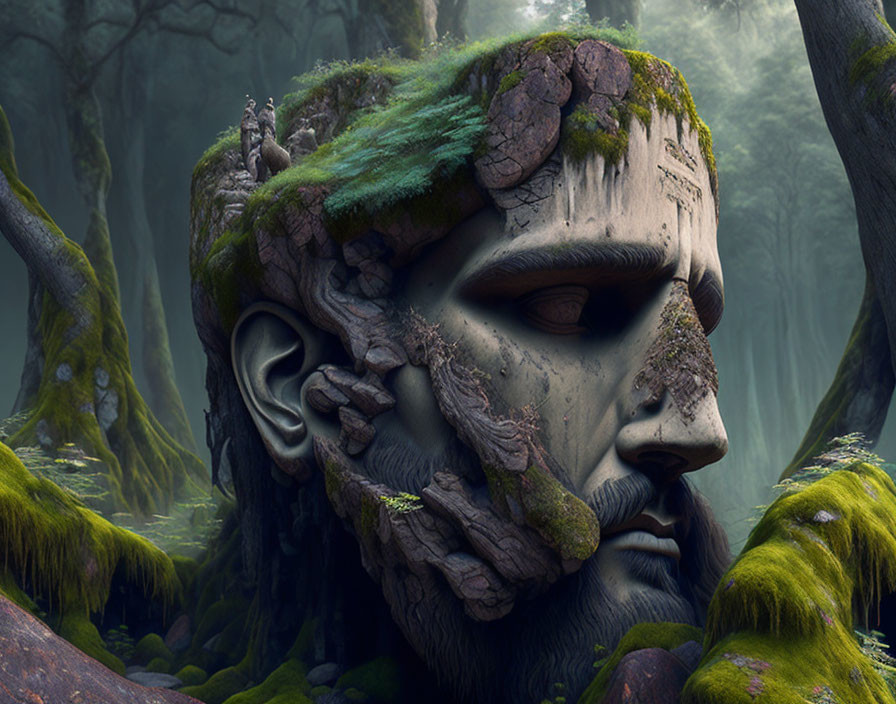 Moss-covered stone head in misty forest with tiny figures