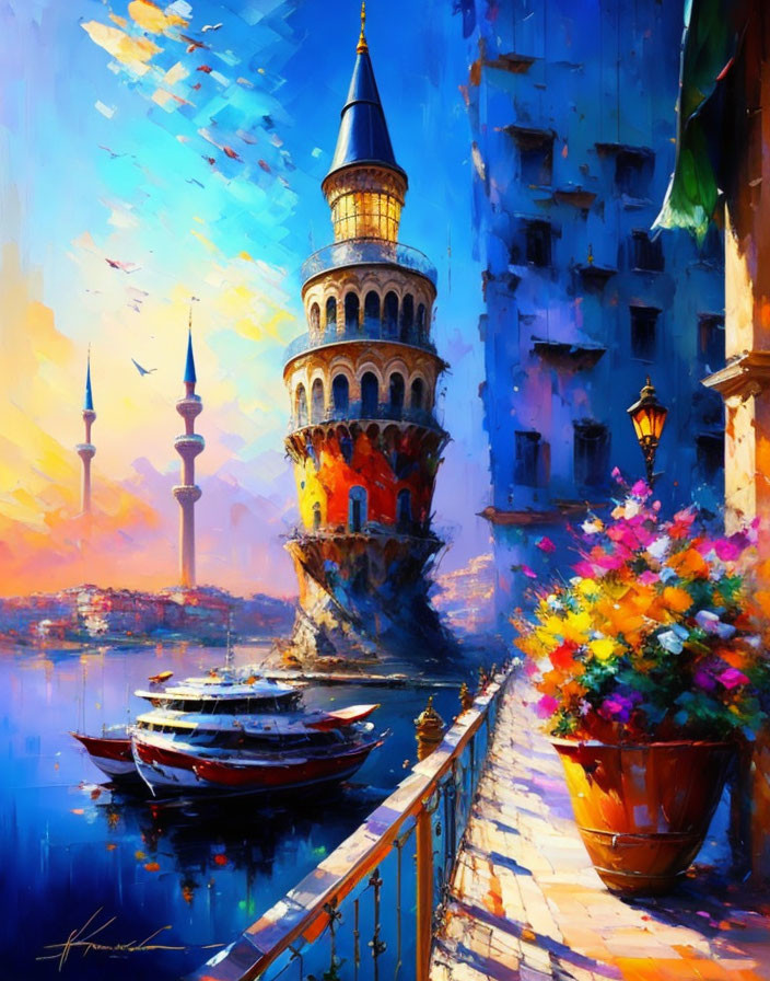 Colorful waterfront painting with tower, boats, flowers, and distant minarets under blue sky