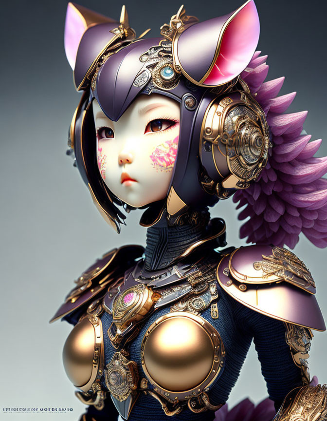 Character with Cat Ears in Mechanical Armor on Floral Background