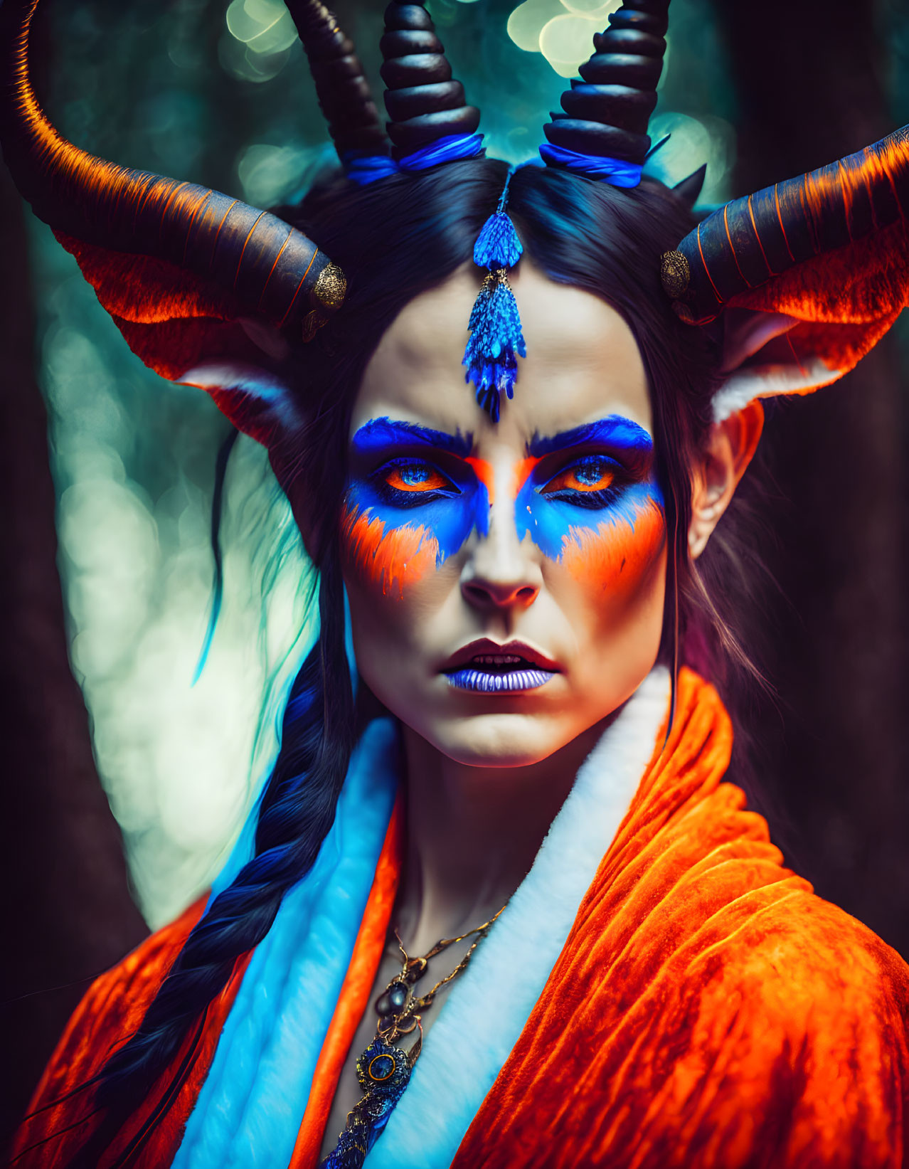 Person with horned headpiece in blue and orange face paint in forest.