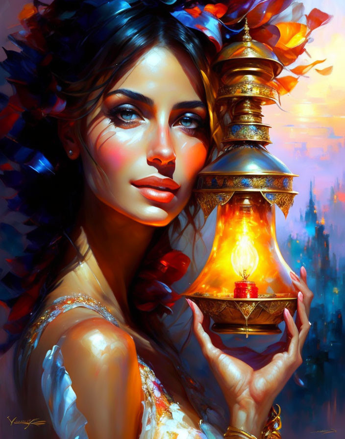 Woman with flowers in hair holding ornate lamp in fantasy setting