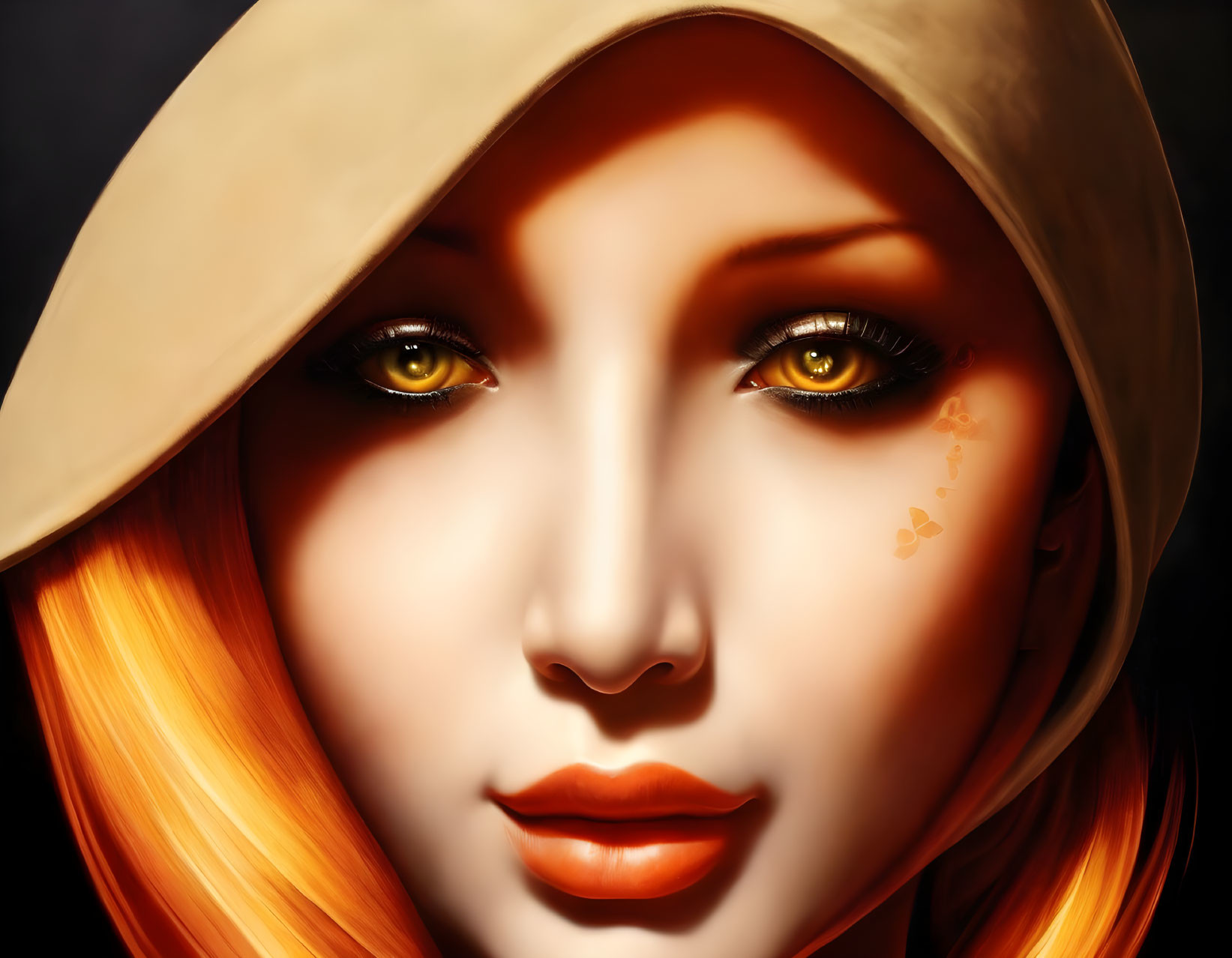 Stylized female face with yellow eyes, orange hair, beige hat, tears.