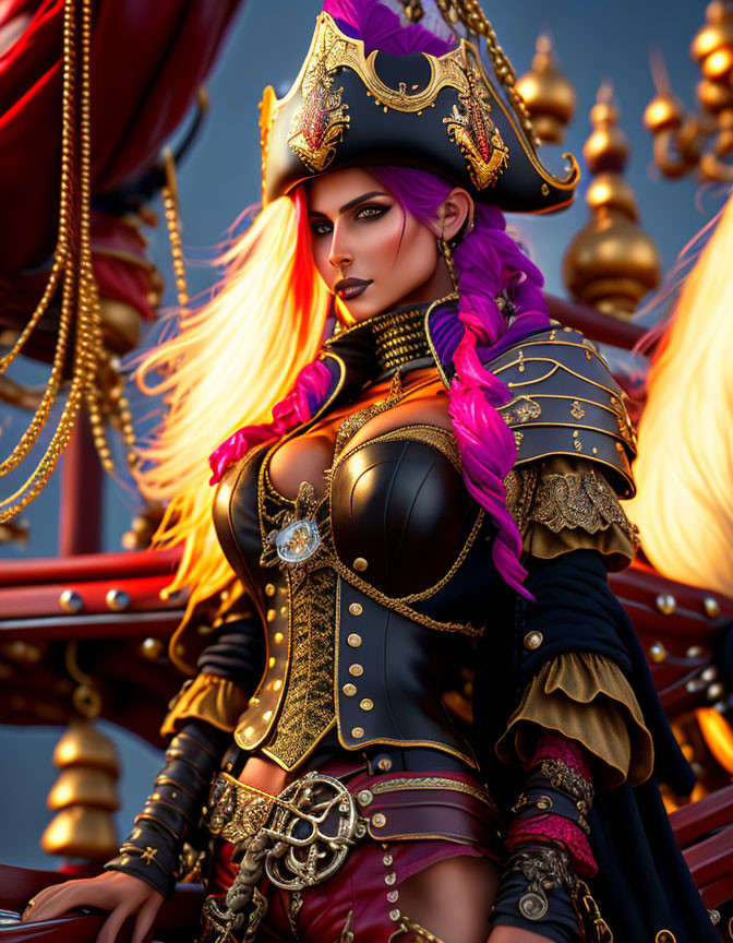 Vibrant pink braided hair on female pirate with ornate tricorn hat