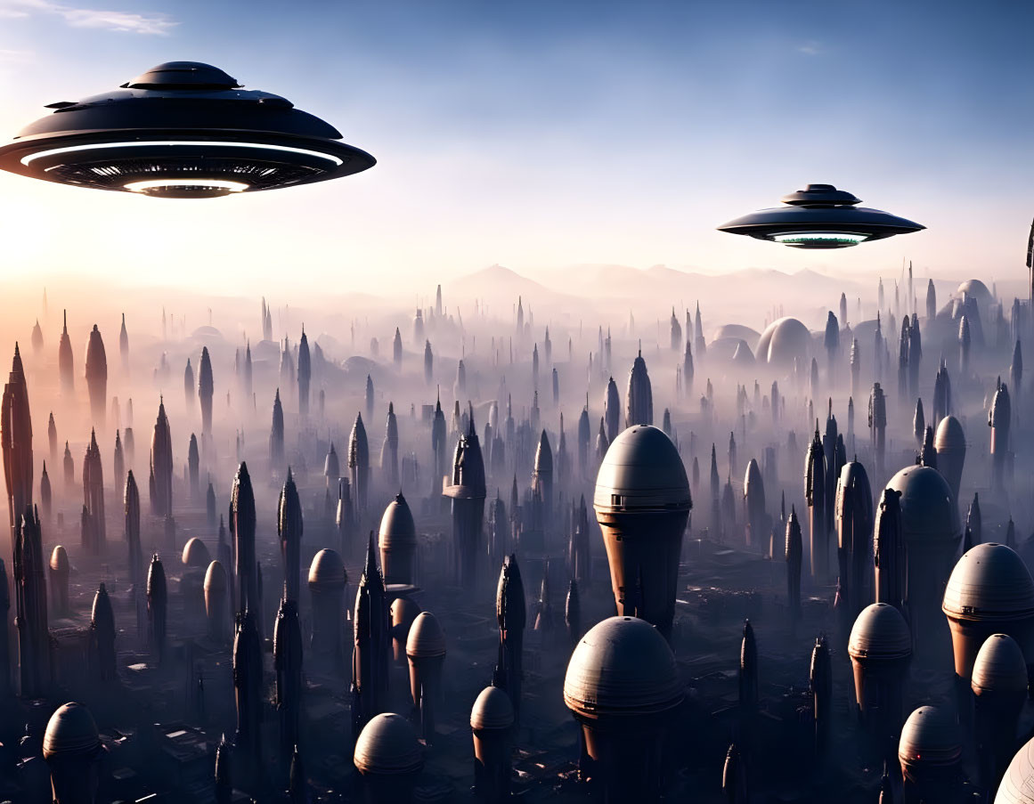Futuristic landscape with two hovering UFOs and tall spire-like structures