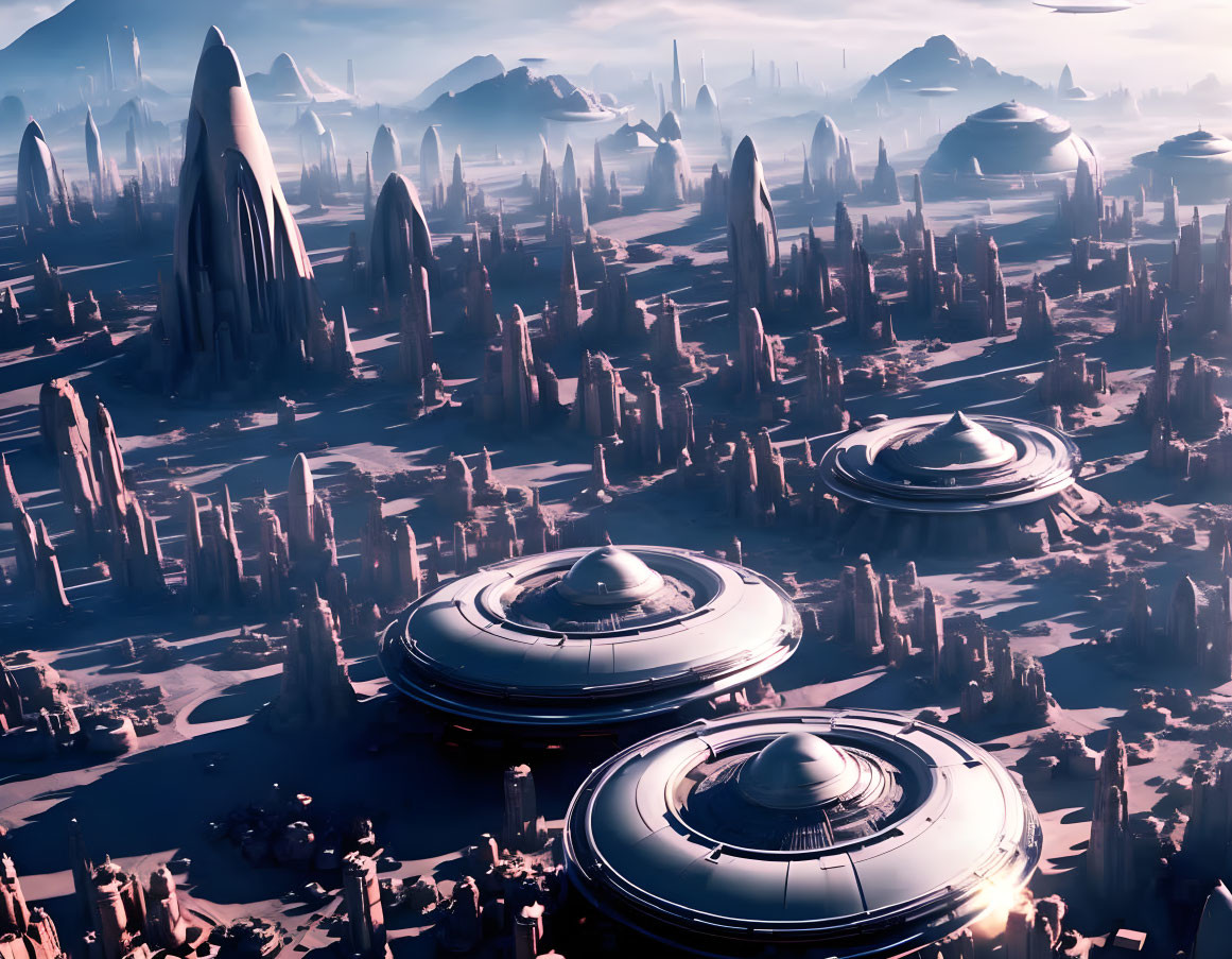 Futuristic cityscape with towering spires and dome structures