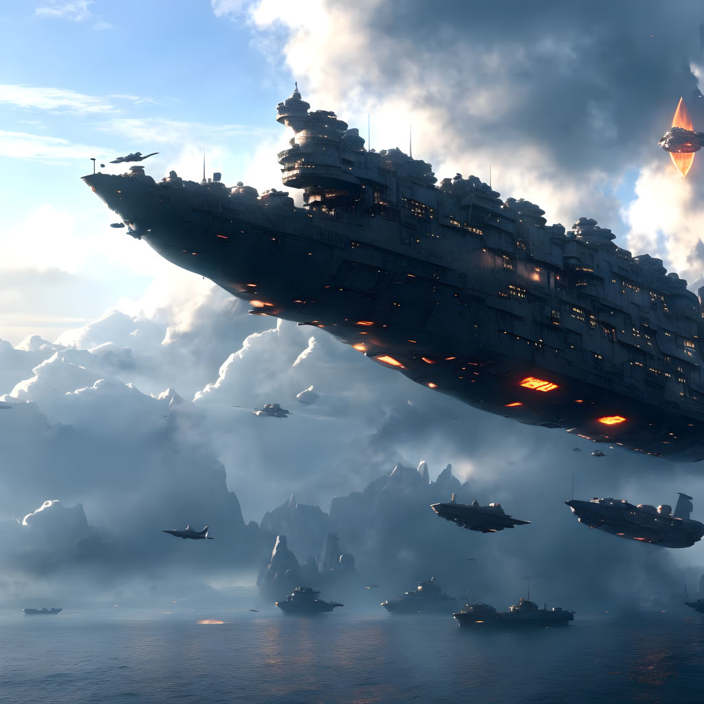 Futuristic aircraft carriers and planes in cloudy sky with large structure