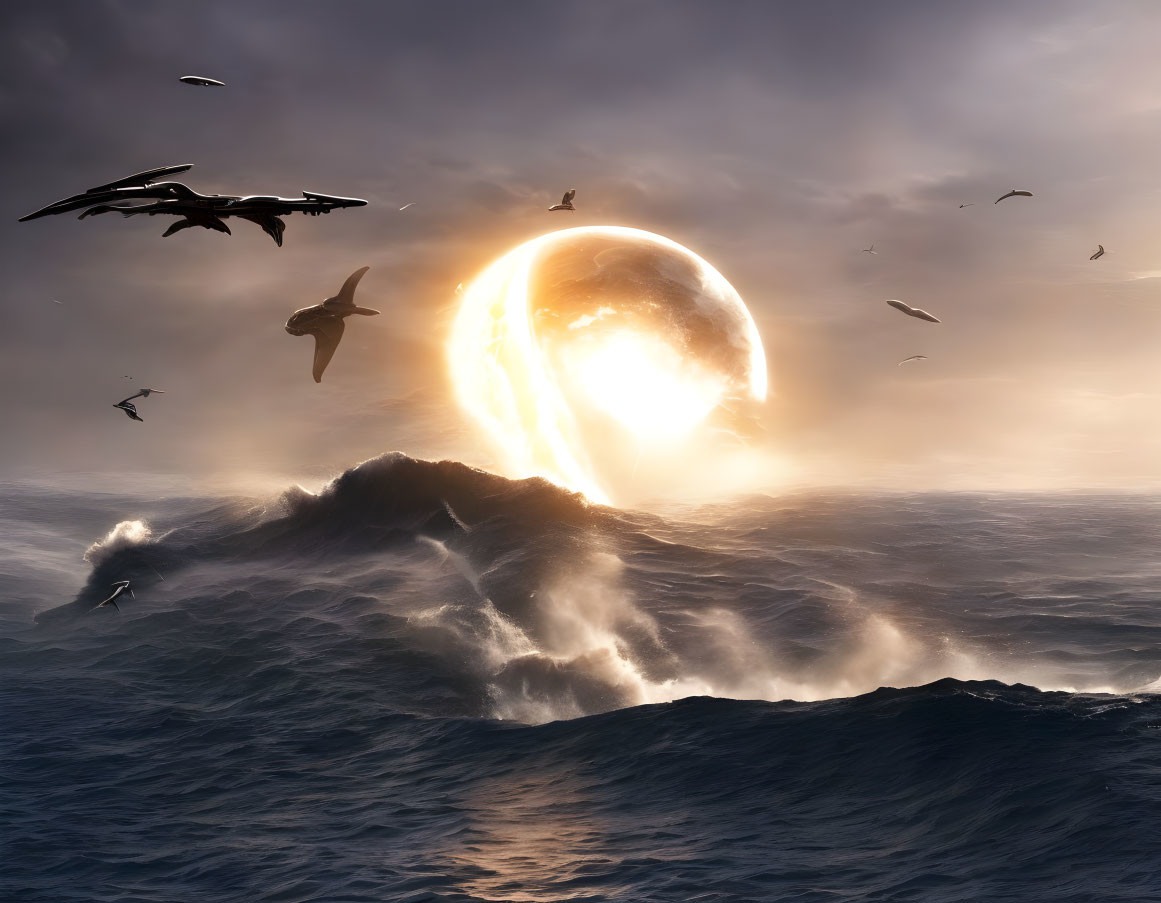 Seascape featuring birds, turbulent waves, and glowing horizon sphere