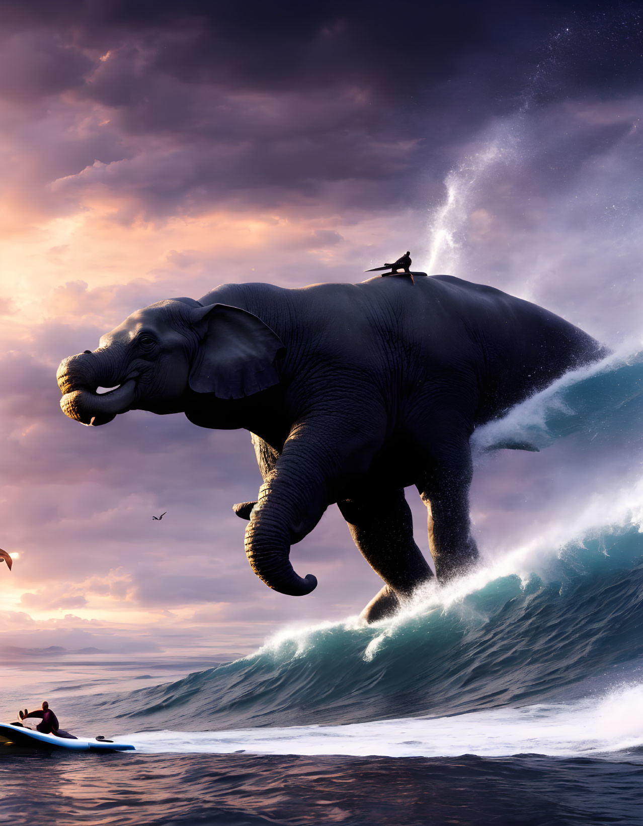 Surreal image: giant elephant surfing wave at sunset