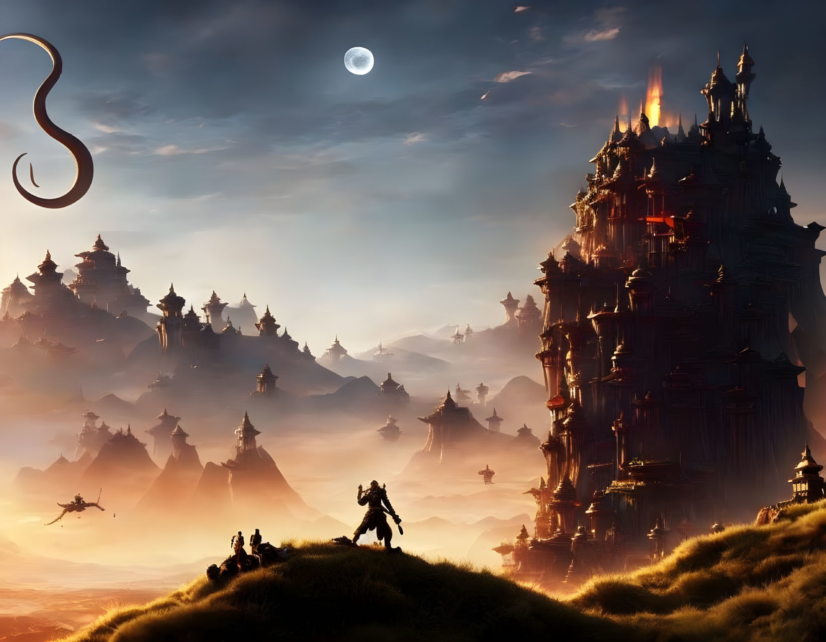 Majestic fantasy landscape with castle, horse rider, adventurers, flying ships, and moonlit sky