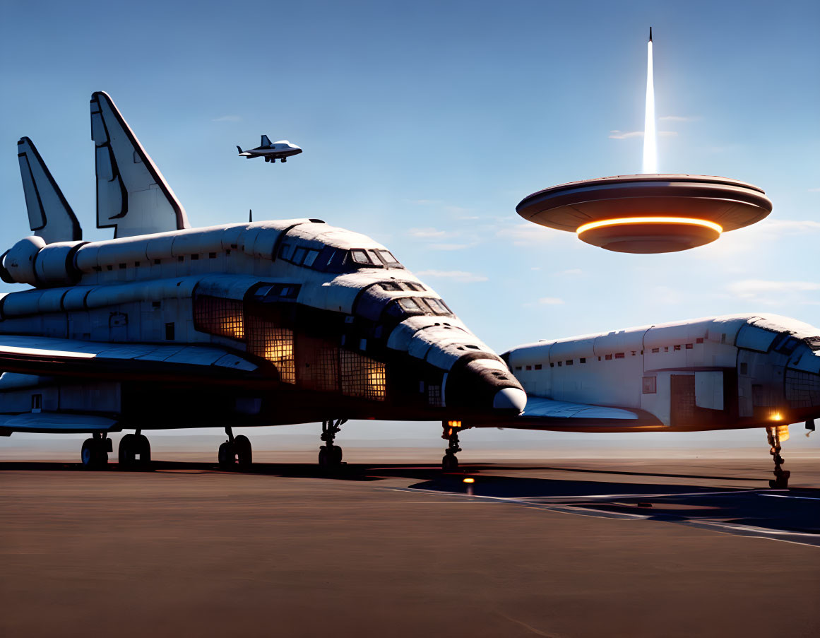 Futuristic spaceport digital artwork with spacecraft and flying saucer in twilight sky