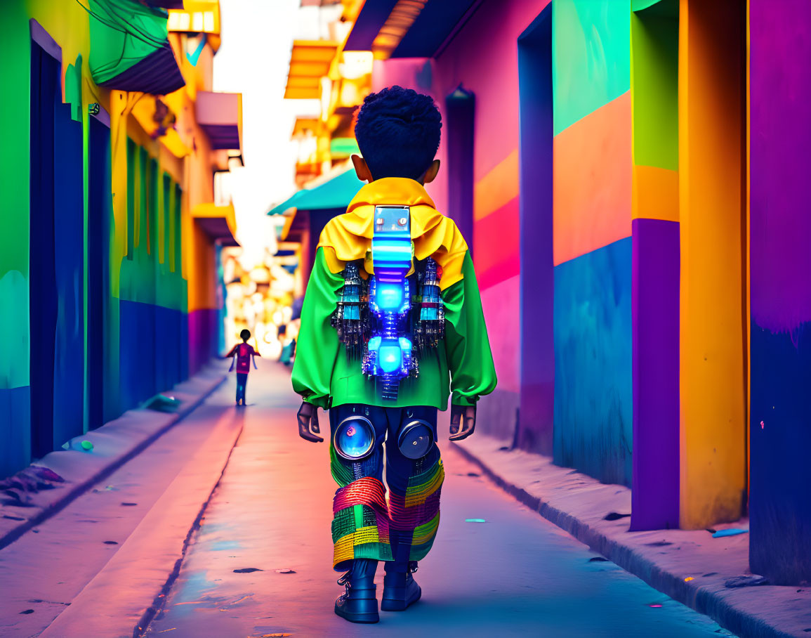 Child walking in colorful alleyway with LED backpack