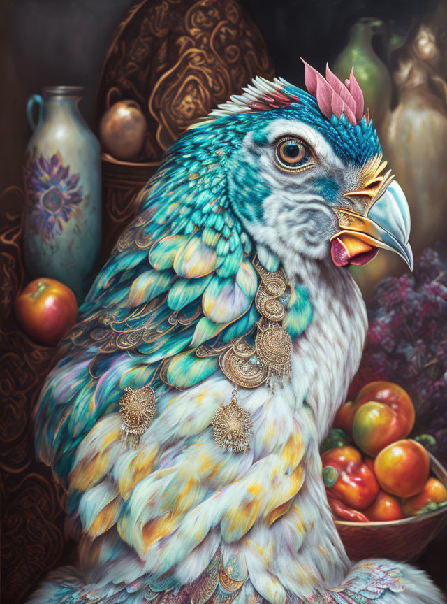 Ornate painting of a vibrant chicken with detailed feathers and jewelry, set amidst fruits and intricate patterns