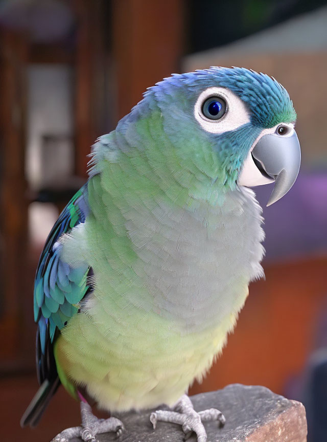 Colorful Parrot with Blue Head and Green Body Perched Indoors