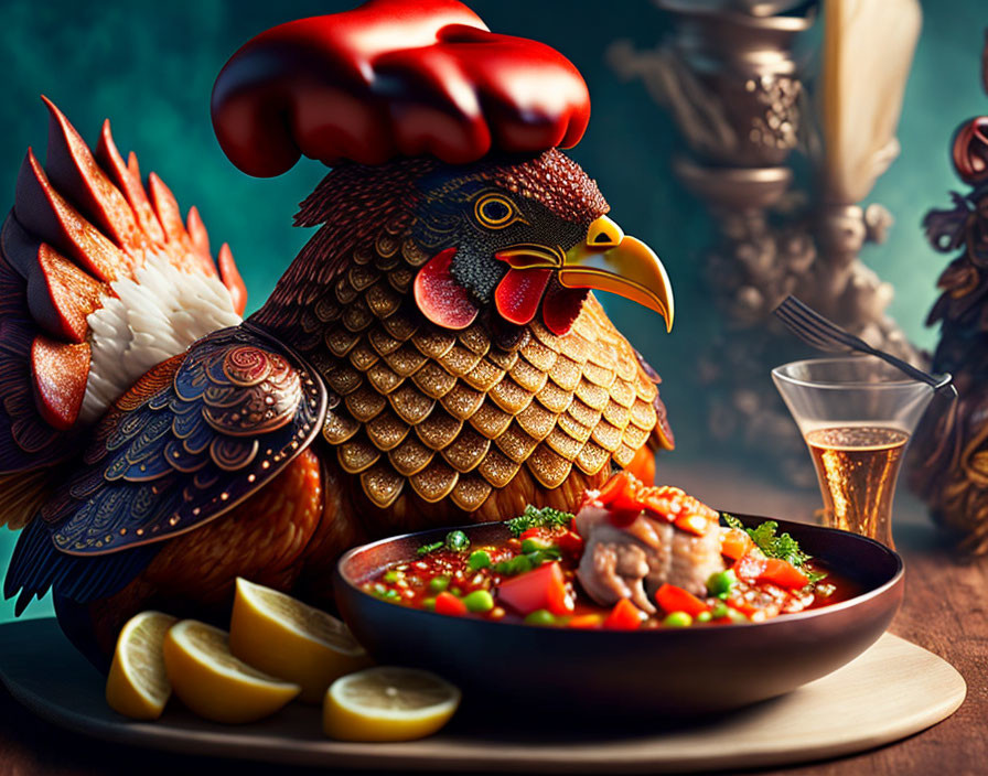 Colorful Rooster Artwork with Elaborate Patterns and Food Still Life