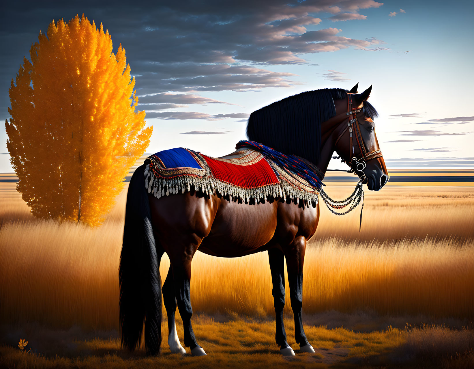 Ornate blanket horse in field at sunset with yellow tree