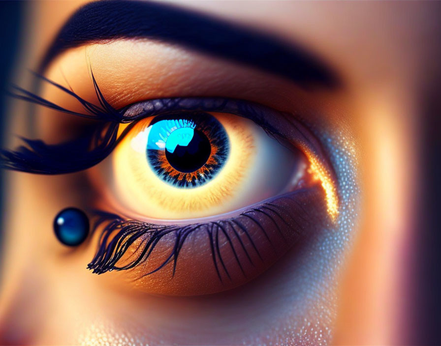 Detailed Close-Up of Blue Human Eye with Long Eyelashes and Piercing