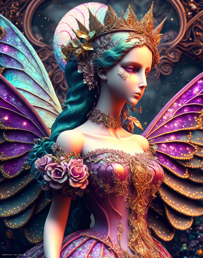 Fantasy illustration: Fairy queen with turquoise hair, golden crown, ornate dress, pink wings,