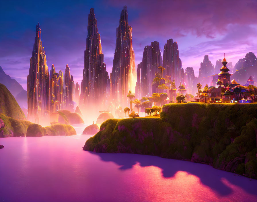 Fantasy landscape with towering rocks, shimmering water, greenery, and Asian architecture