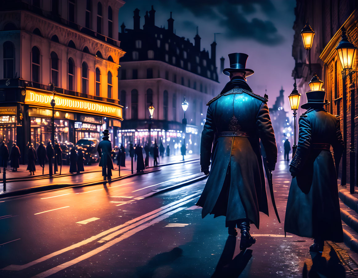 Victorian-era individuals on rain-slicked street at night