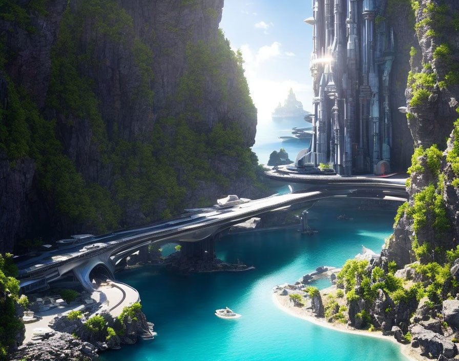 Futuristic coastal city with sleek towers and winding bridge nestled between verdant cliffs