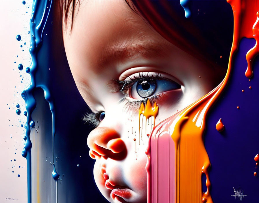 Hyper-realistic artwork: Child's face with blue and orange paint drips