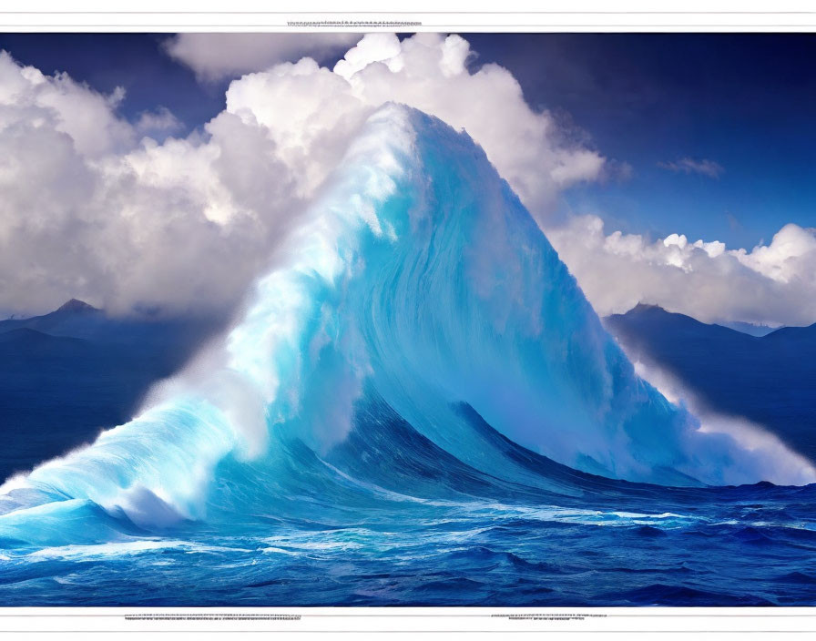 Translucent blue wave cresting in ocean with clouds and mountains