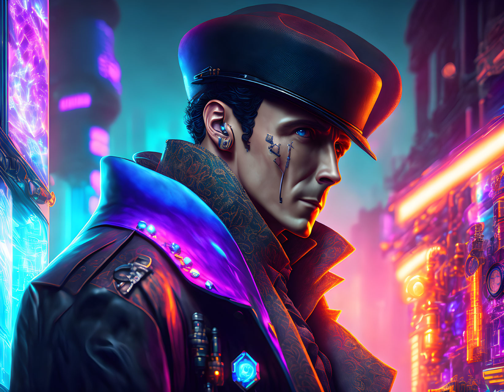 Futuristic cyberpunk digital art of man in neon uniform against cityscape