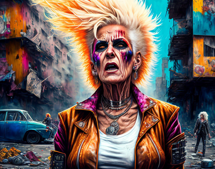 Elderly woman with punk style in vibrant makeup and spiked hair in colorful, dystopian setting