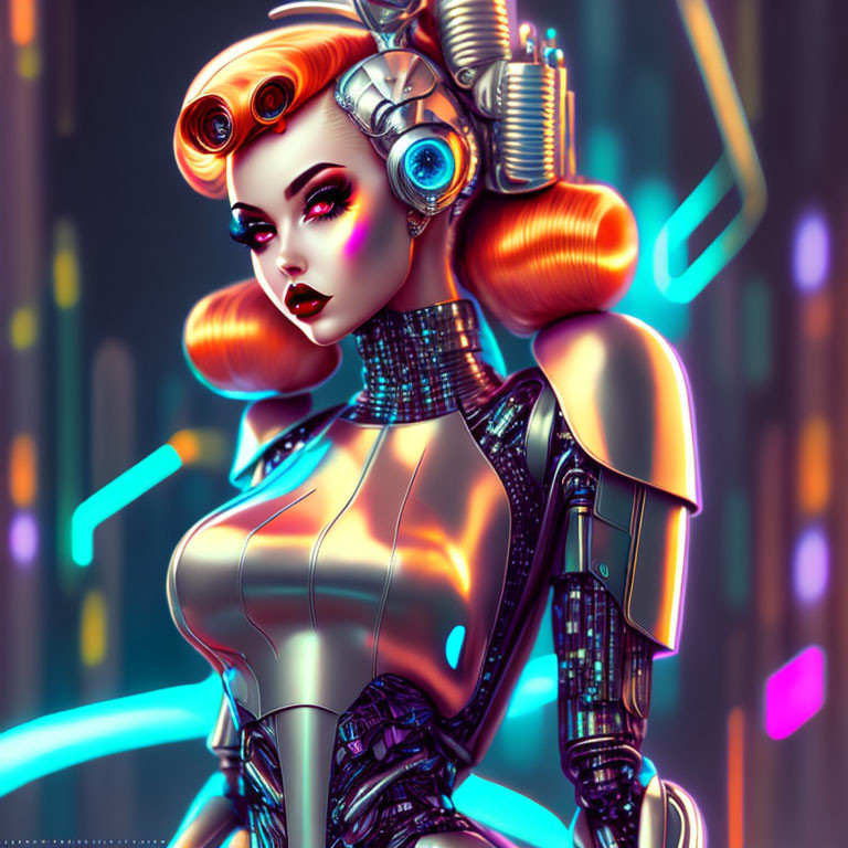 Futuristic female robot with 50s-style hair and metallic armor in urban neon scene