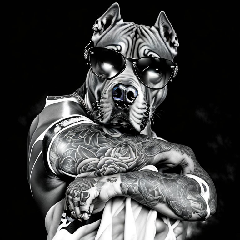 Monochrome artistic dog with human-like arms, tattoos, sunglasses, leather jacket on black background