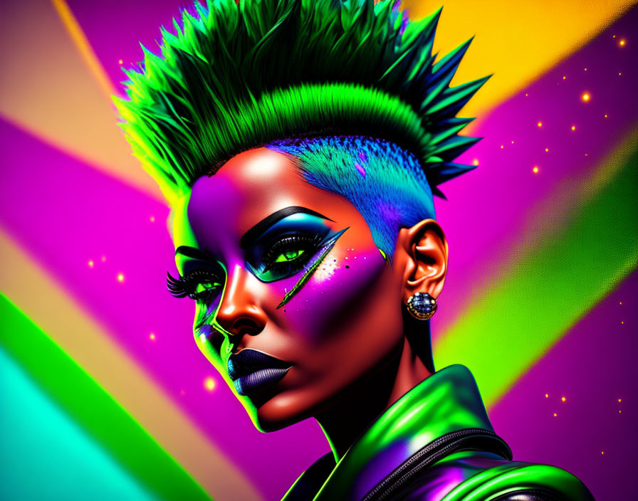 Colorful digital artwork: Woman with green spiked hair and dramatic blue makeup in striking pose.