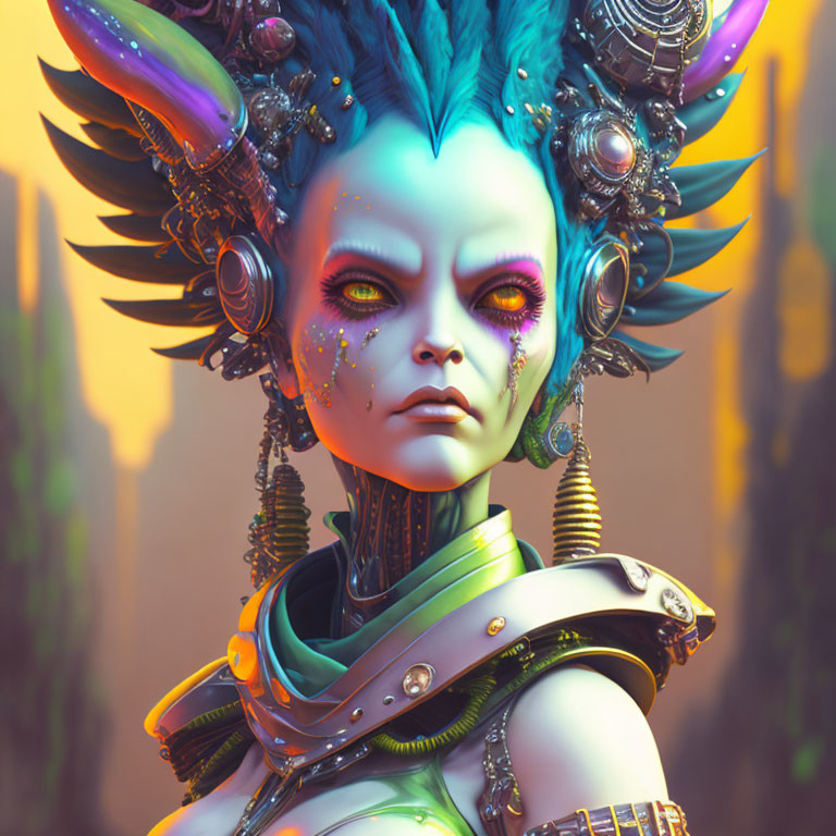 Vibrant blue alien with intricate headgear and facial decorations in natural setting