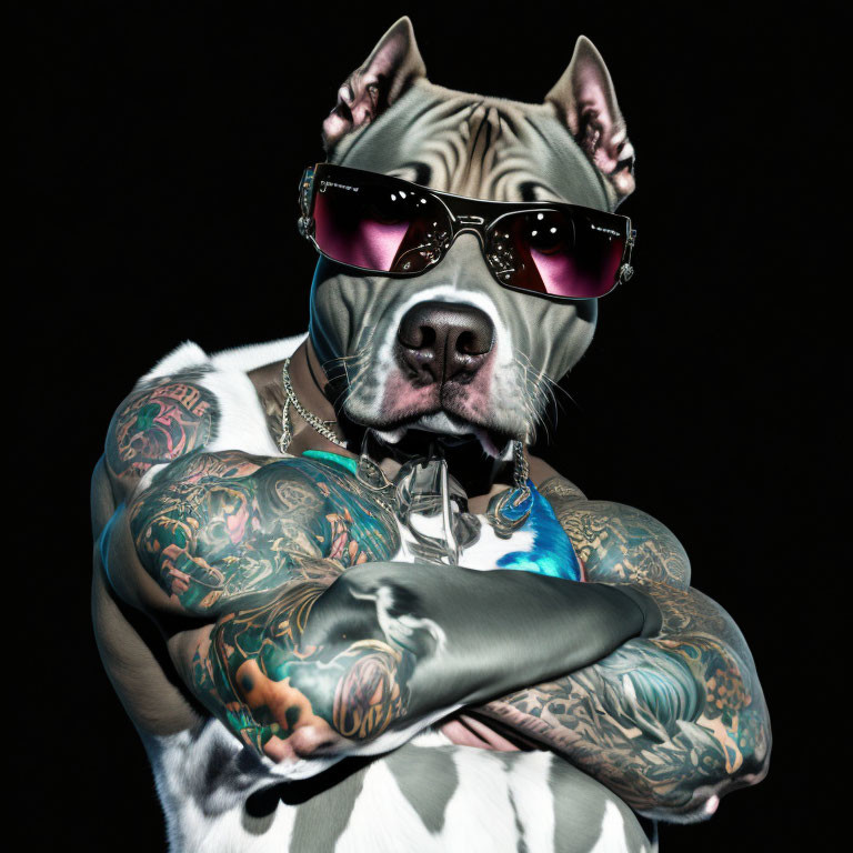 Digitally altered image of dog with human-like tattooed arms and sunglasses