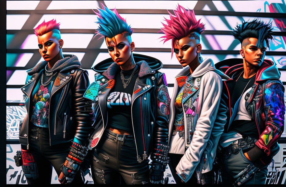 Vibrant punk characters with mohawk hairstyles and graffiti backdrop