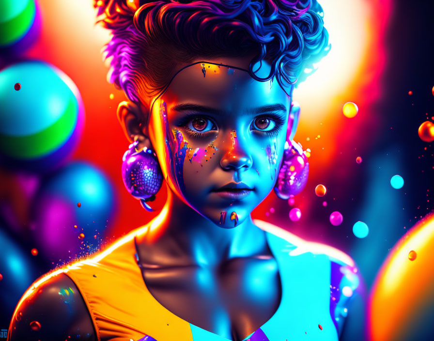 Child with Neon Face Paint and Glowing Earrings in Colorful Setting