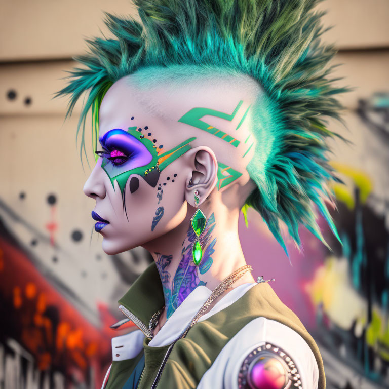 Vibrant punk style with mohawk, makeup, piercings, tattoos on graffiti backdrop